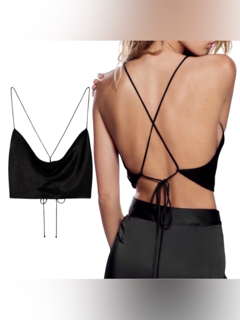 NWT Zara Black Satin Effect Lace-Up Back Cowl Neck Viscose Halter Cami Crop Top